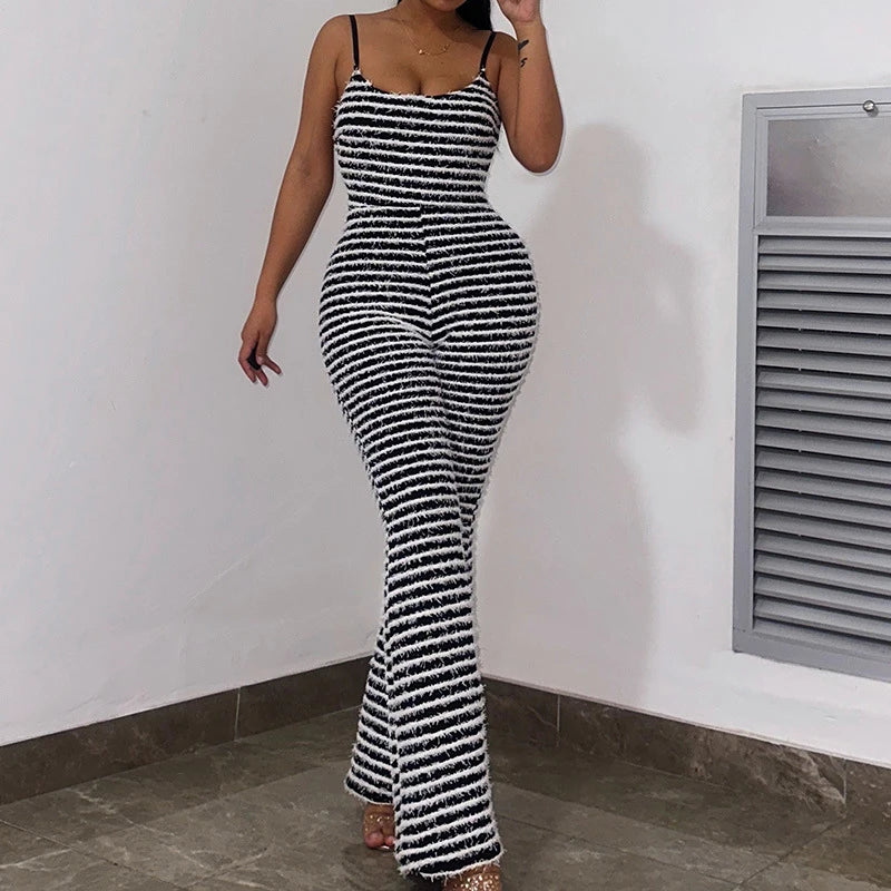 OMSJ New Style Backless Jumpsuits For Women Sexy Camisoles High Waist Hip Lifting Striped One-piece Rompers Flare Pants Clubwear