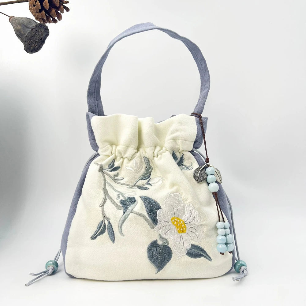 Chinese Style Retro Flower Embroidery Crossbody Top-handle Bags Women Shoulder Lace Drawstring Bucket Bag Coin Purses Handbags