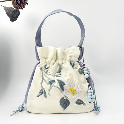 Chinese Style Retro Flower Embroidery Crossbody Top-handle Bags Women Shoulder Lace Drawstring Bucket Bag Coin Purses Handbags