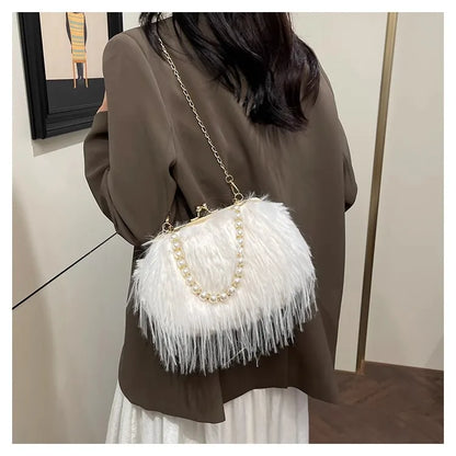 Beading Chain Women's Evening Plush Handbags Faux Fur Tassel Ladies Shoulder Bag Elegant Female Crossbody Bags Party Furry Purse