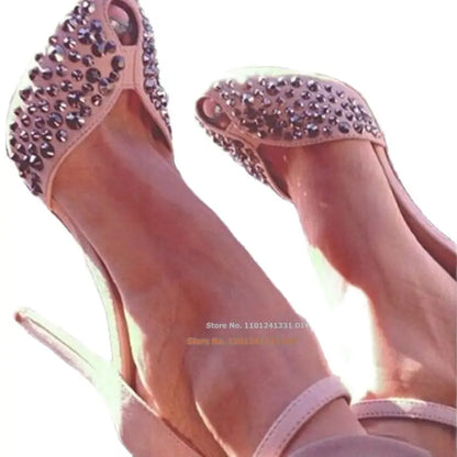 Suede Peep-toe High Heel Ankle Strap Rivets Sandal Women Cut-out Crystal Front High Dress shoes woman Designer Women Pumps