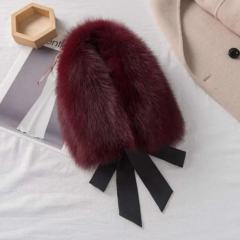 Winter Warm Fox Fur Collar Female Real Fur Collar Fashion Fluffy Clothing Accessories Collar Women Luxury Fur Scarf With Ribbons