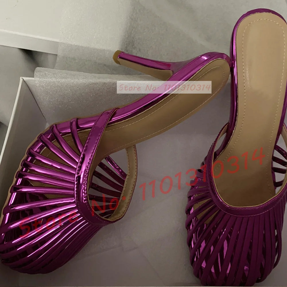 Cage Round Toe Metallic Mules Women New In Sexy Luxury High Heel Shoes Female Thin Strap 2023 Summer Elegant Chic Solid Slippers