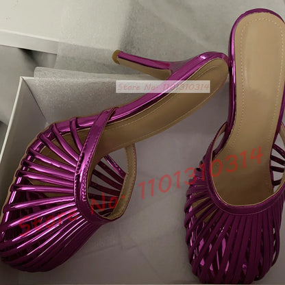 Cage Round Toe Metallic Mules Women New In Sexy Luxury High Heel Shoes Female Thin Strap 2023 Summer Elegant Chic Solid Slippers