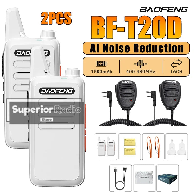 2/4PCS Baofeng BF-T20D Portable Walkie Talkie Type-C Charging 400-480Mhz AI Noise Reduction 16 Channels Mini Two Way Ham Radio