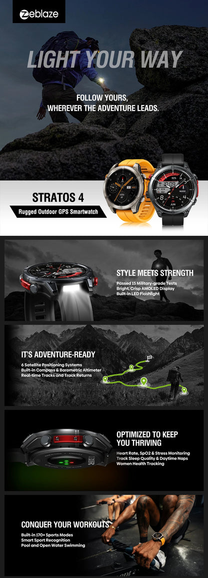 NEW Zeblaze Stratos 4 GPS Smart Watch 1.43 AMOLED Display Built-in Compass Barometric Altimeter Flashlight Voice Call Smartwatch