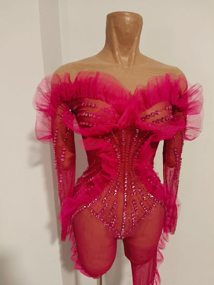 Luxury Rhinestone Mesh Bodysuit Ruffle Frill and Asymmetrical Design Formal Events Photoshoots Stage Performance Party Outfit