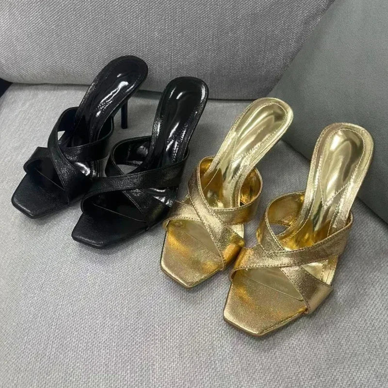 Fashion Gold Cross Tied Stiletto Slingback Sandals for Women Sexy Square Toe Open Toe Slide Sandals Luxury Brand Designer Shoes
