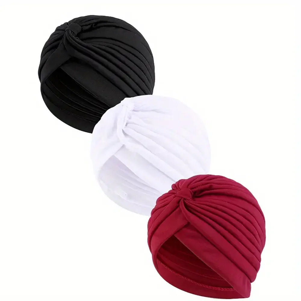 3pcs/set Fashion Ladies Twisted Turban Elastic Muslim Hijab Cap Solid Color Stretch Head Wrap Soft Chemo Beanie Head Cover