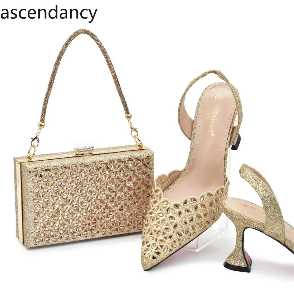 Gold Shoes and Bags Set for Women Ladies Shoe and Bag Set Latest Designers Pointed Toe Shoes Sexy Wedding Party Sandals