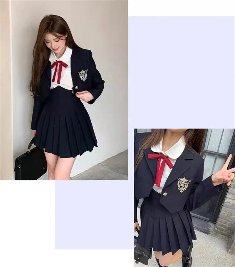 Spring 2025 Preppy Style American Uniform Set Girls Short Suit Coat Long Sleeve White Shirt Slim High Waist Pleated Skirt Navy