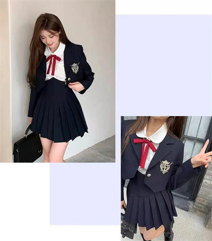 Spring 2025 Preppy Style American Uniform Set Girls Short Suit Coat Long Sleeve White Shirt Slim High Waist Pleated Skirt Navy