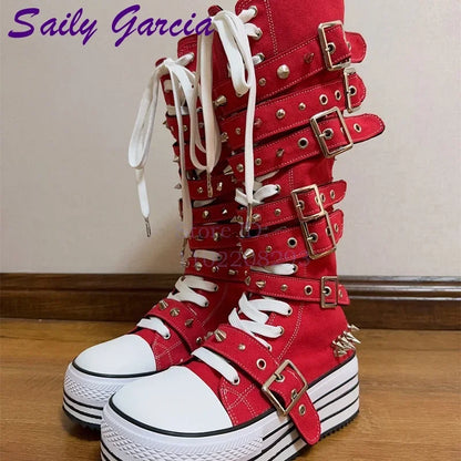 Festival Rave Orange Platform Boots Punk Rivet Buckle Straps Knee High Boots 2026 Fashion Thick Sole Women Shoes Party Footwear