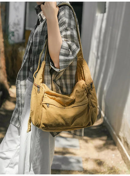 100% Cotton Shoulder Bags Women Large Capacity Canvas Tooling Packages Korea Style Cloth Crossbody Bags Solid Messenger Bags