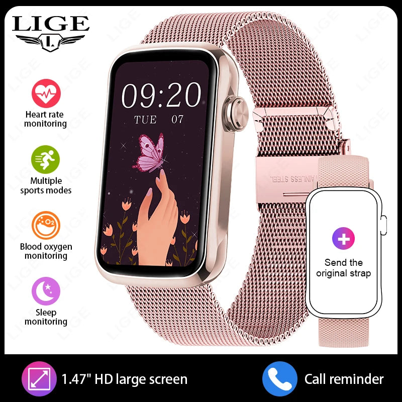 LIGE 1.47'' Smart Watch Women Men Smart Bracelet Heart Rate Step Count Sport Fitness Health Monitor Waterproof Smartwatch Ladies