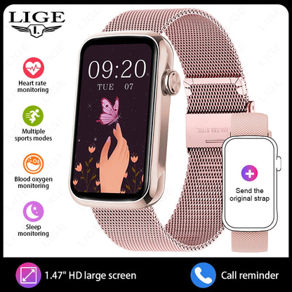LIGE 1.47'' Smart Watch Women Men Smart Bracelet Heart Rate Step Count Sport Fitness Health Monitor Waterproof Smartwatch Ladies