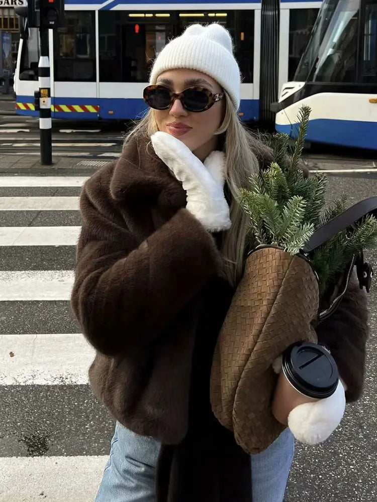 HH Women Casual Brown Short Faux Fur Coat Turn-Down Collar Long Sleeve Jacket 2025 Autumn Winter Loose High Street Outwear