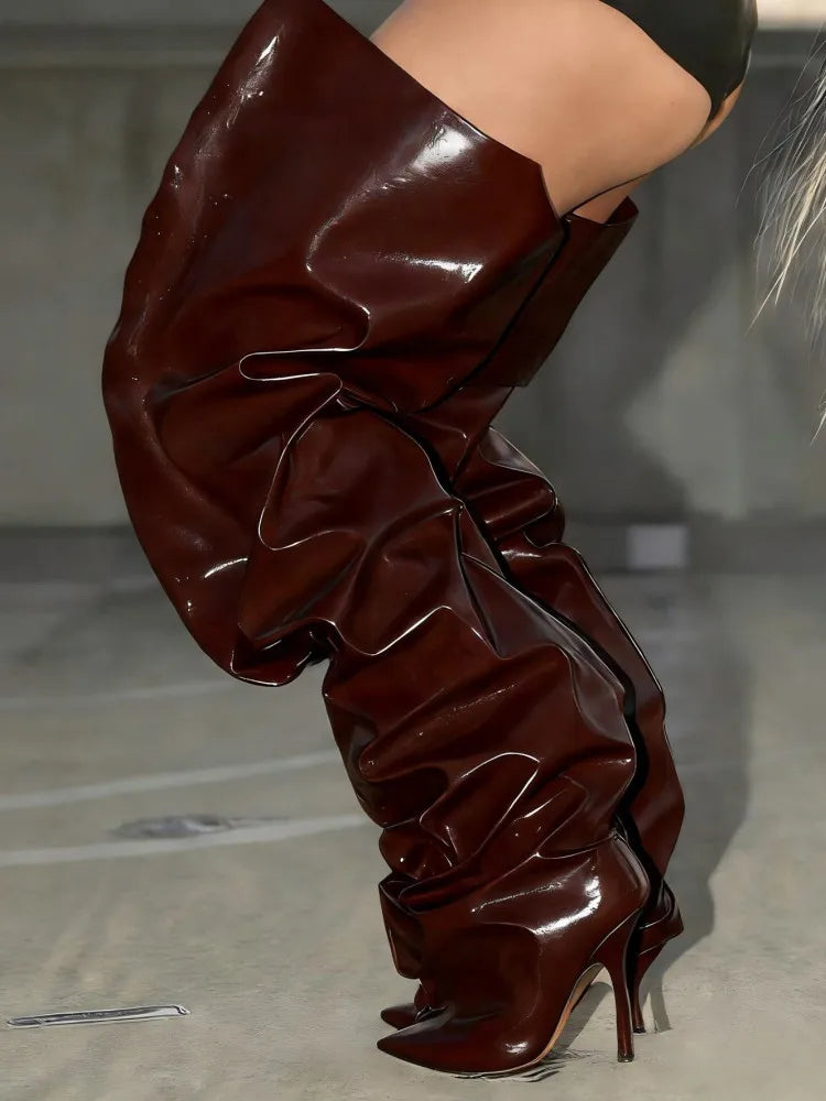 2026Autumn and Winter New Women's Wide Leg Stiletto High Heel Knee Long Boots Pointed 34-45 Large Leg Women's Boots