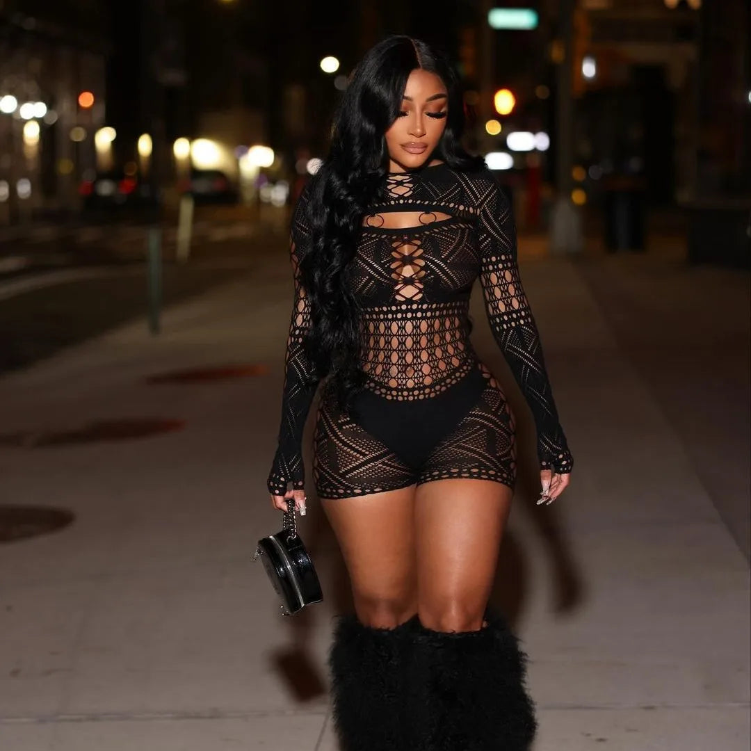 HBLL Sexy Sheer Mesh Playsuit Women Rompers Long Sleeve Hollow Out Skinny Night Club Outfit One Pieces Jumpsuit Shorts Bodysuit