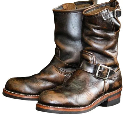 Men Retro Motorcycle Riding Boots Round Middle Boots Flat Bottomed Boots Men Trendy PU Leather Shoes Botas Para Moto Hombre