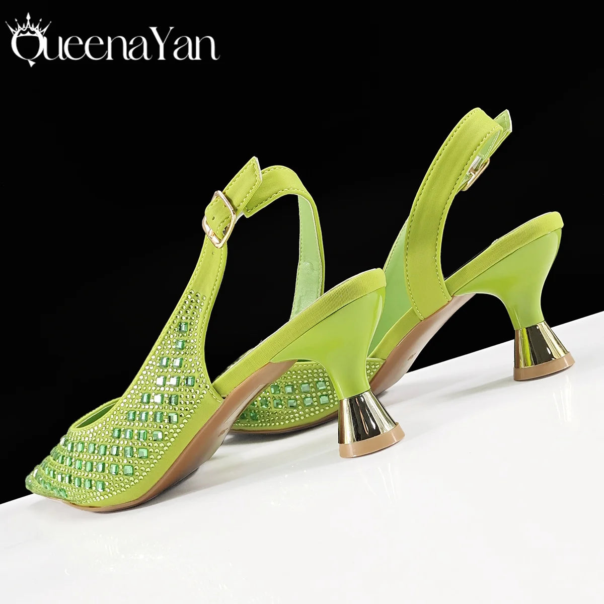 Queena Yan 2026 Italian Design Rhinestone Luxury Navy Blue Pointed Toe Shoe & Bag Set Women High Heels for Parties High Quality