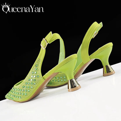 Queena Yan 2026 Italian Design Rhinestone Luxury Navy Blue Pointed Toe Shoe & Bag Set Women High Heels for Parties High Quality