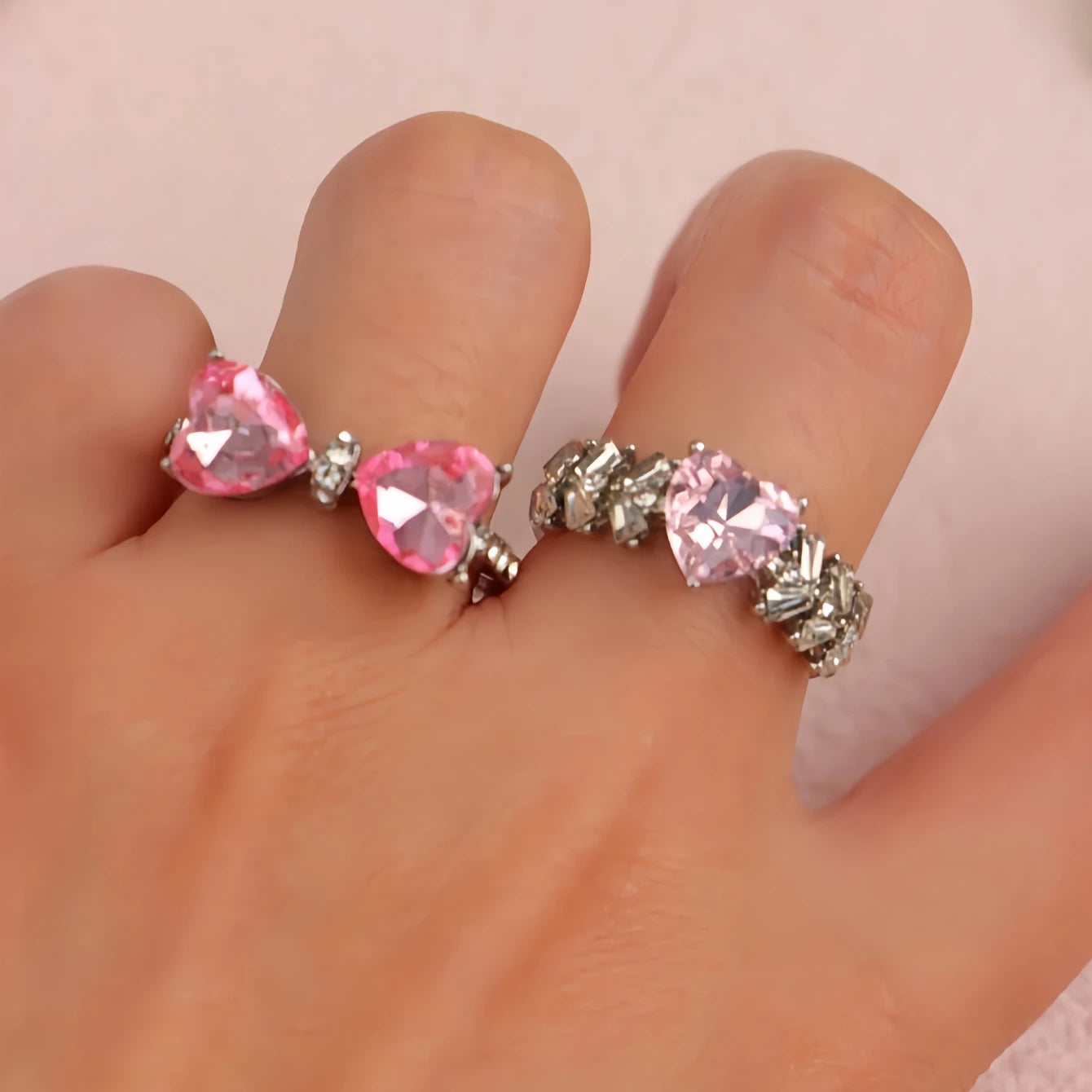 10Pieces Fashion Pink Rhineston Rings Set For Women Mix Style Butterfly Heart Love Open Adjustion Daily Jewelry Party Gifts