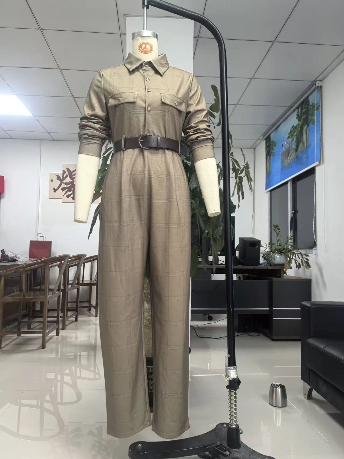 Retro Grid Button Lapel Shirt Jumpsuits Woman Fashion High Waist Slim Bodysuits Romper Spring Autumn Long Sleeve Pocket Overalls