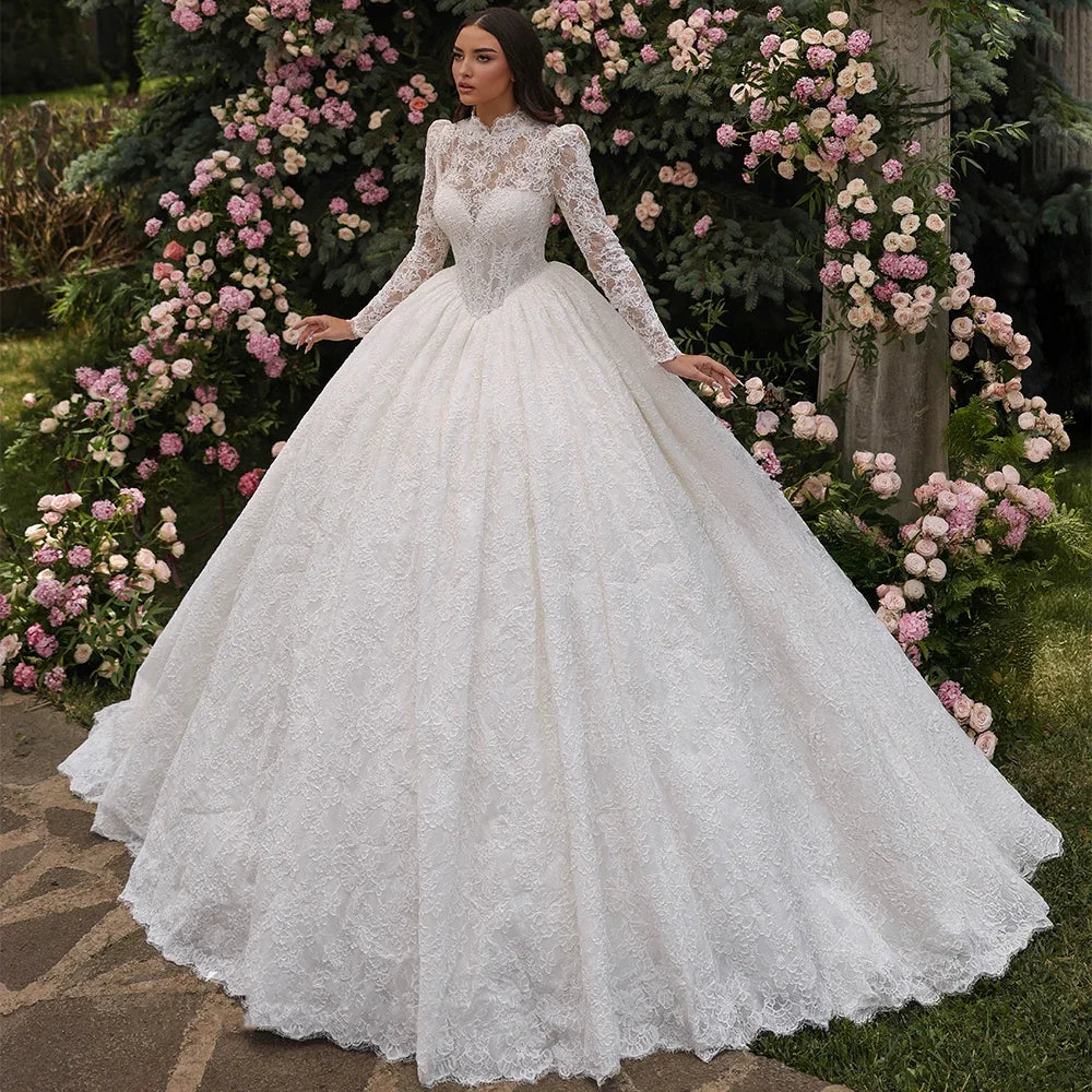 OL Gorgeous Ball Gown Wedding Dresses Bride Gown Customized High Neck Full Sleeves Lace Applique Saudi Arabian Bridal Dresses