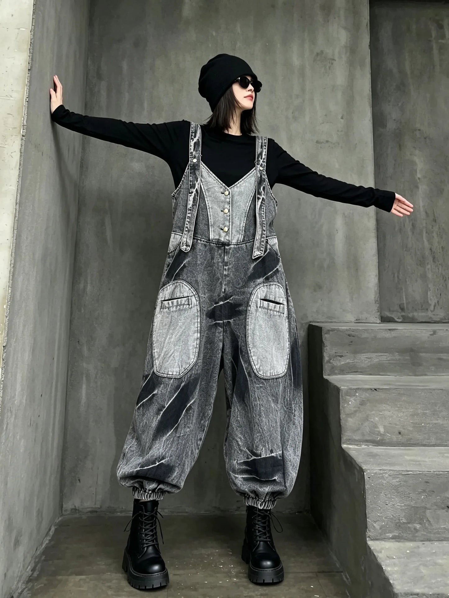 Unique Trendy Cool Distressed Color-blocked Denim Overalls Women Loose Plus-size Stylish One-piece Lantern Pants Autumn LX6298