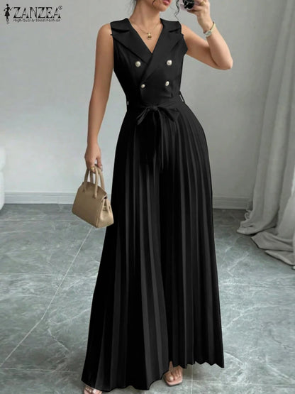 Fashion Women Jumpsuits 2026 ZANZEA Summer Rompers Elegant Wide Leg Work OL Overalls V Neck Sleeveless Pleated Playsuit Trousers