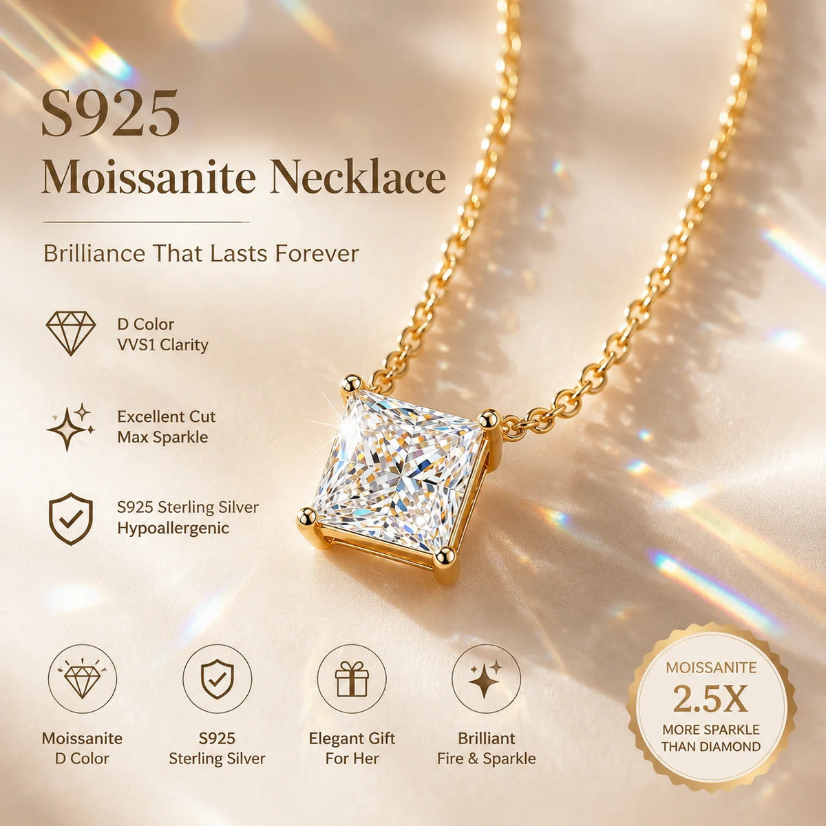 Princess Shape Pendant 18K Gold Plated Luxury S925 Silver Necklace Sparkling D VVS Moissanite Necklavce for Women As Gifts Party