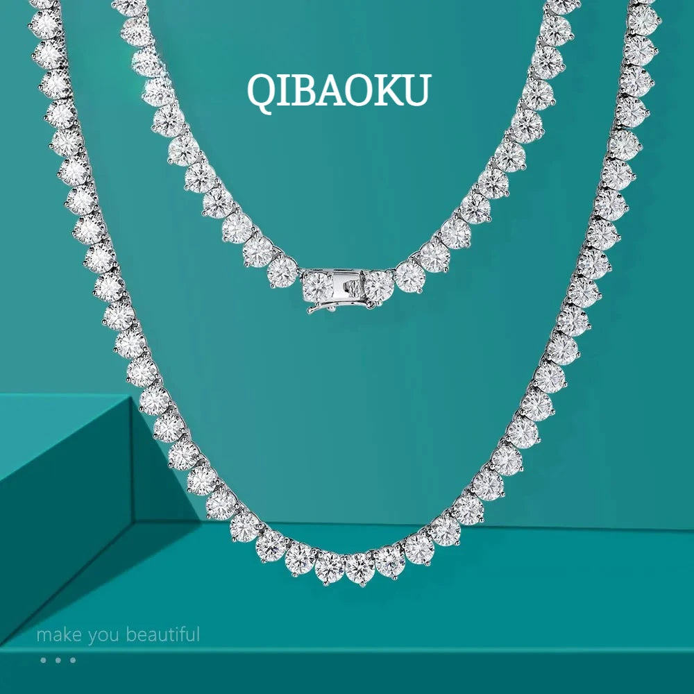 QIBAOKU 3 Claw D VVS1 Moissanite Tennis Necklace 3/4/5mm Certified Lab Diamond Solid s925 Silver Necklace for Women Man 2026