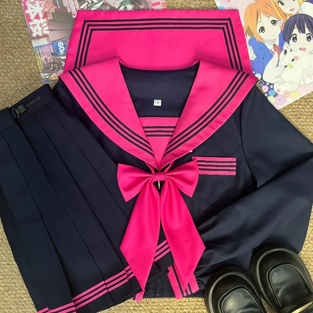 Rose Red Sailor Fuku Suit Korean Japanese High School Girls Student Uniform Women Sexy Jk Uniform Set Short Sleeve Pleated Skirt