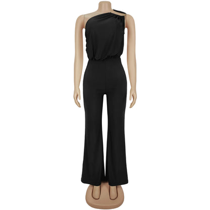 HLJ Winter New Sexy Bodycon Jumpsuits Woman Solid Color Off Showlder Metal Buckle Patchwork Rompers Female Streetwear Overalls