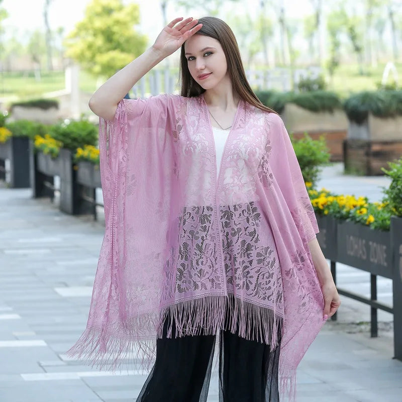 Women Sun Protection Shawl Lady Summer Hollow Out Lace Cardigan Holiday Bikini Blouse Breathable Beach Cape Sexy Long Tippet