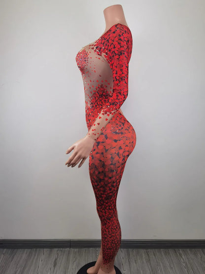 Designer Long Sleeves Love Print Rhinestone Jumpsuits Women Gogo Dancer Costumes Club Bodycon Rompers Drag Queen Show Jumpsuits
