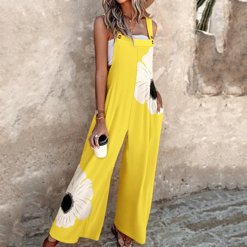 Summer Fashion Thick Strap Jumpsuits for Women Vintage Floral Printed Off Shoulder Wide Leg Loose Straight Jumpsuit with Pocket