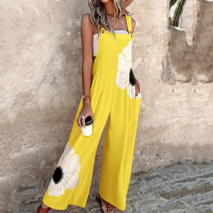 Summer Fashion Thick Strap Jumpsuits for Women Vintage Floral Printed Off Shoulder Wide Leg Loose Straight Jumpsuit with Pocket