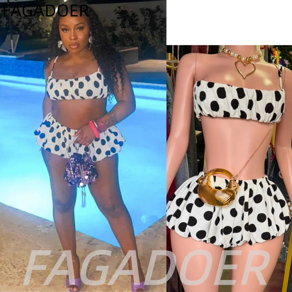 FAGADOER Retro Polka Dot Two Piece Sets Spaghetti Strap Ruched Crop Top + Bubble Puff Shorts Outfits Women Holidays Suits