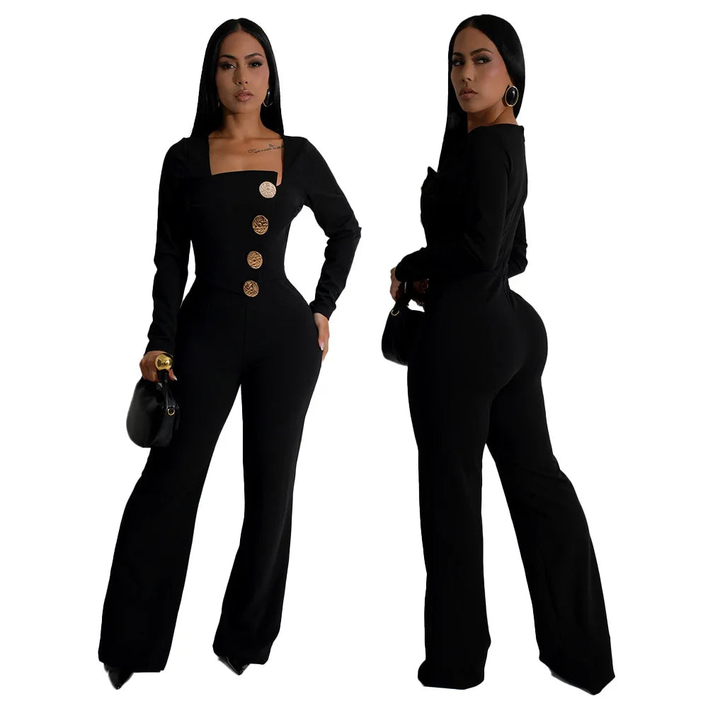 CM.YAYA Elegant Button Long Sleeve Irregular Girl Jumpsuits 2025 Spring Women's Overalls Outfits Night Club Streetwear One Piece