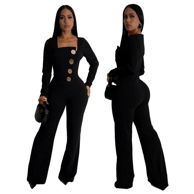 CM.YAYA Elegant Button Long Sleeve Irregular Girl Jumpsuits 2025 Spring Women's Overalls Outfits Night Club Streetwear One Piece