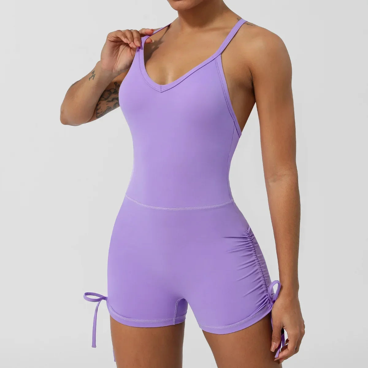 Sexy V Back Scrunch Sports Jumpsuit Women Yoga Rompers Hollow Out Cross Backless Slim Fit Drawstring Side Tight One-Piece Suit