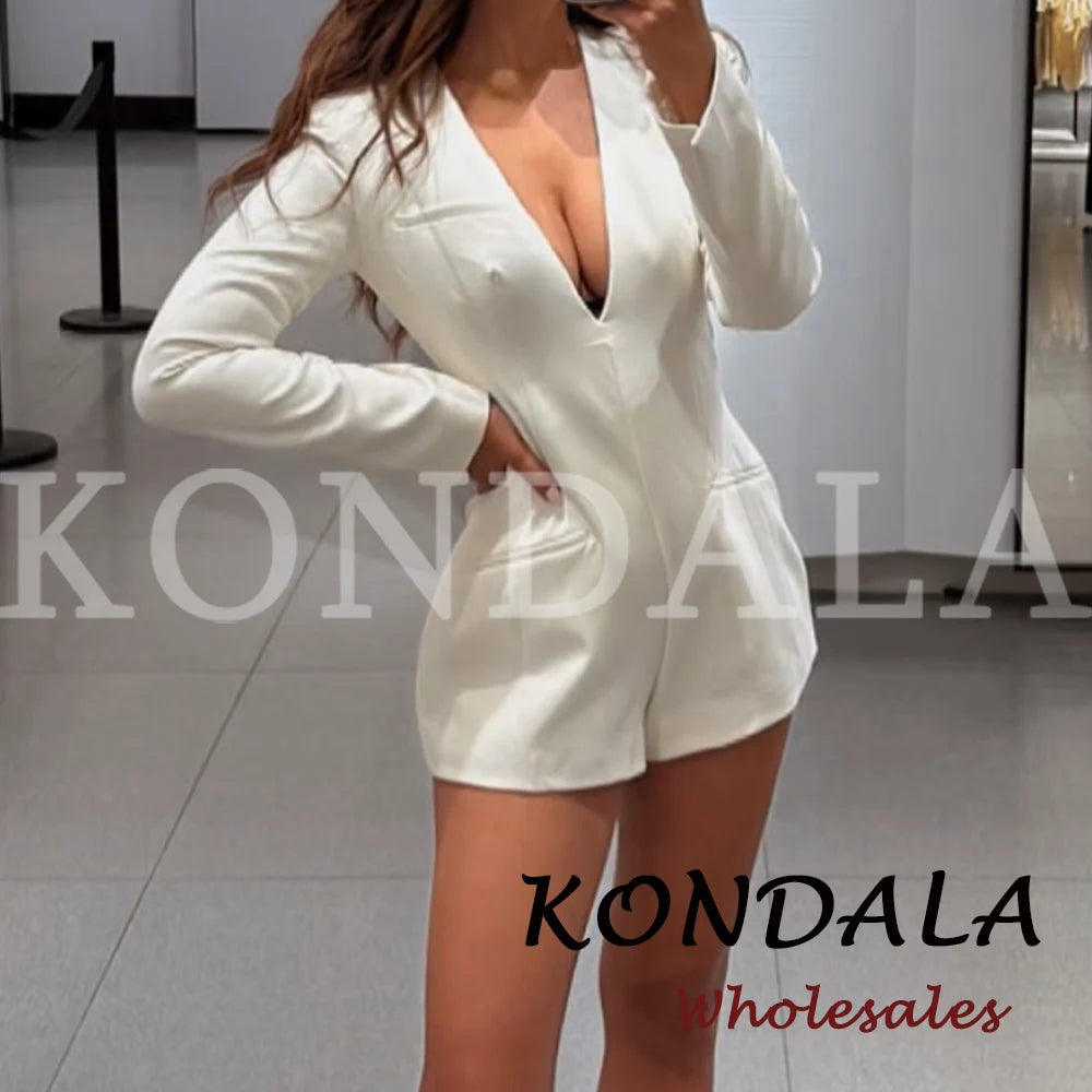 KONDALA Chic Woman Sexy Solid Bodysuit Short Sleeve Office Lady Mini Bodysuit Zipper Fashion 2026 Sheath Female V-Neck Jumpsuits