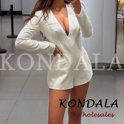 KONDALA Chic Woman Sexy Solid Bodysuit Short Sleeve Office Lady Mini Bodysuit Zipper Fashion 2026 Sheath Female V-Neck Jumpsuits