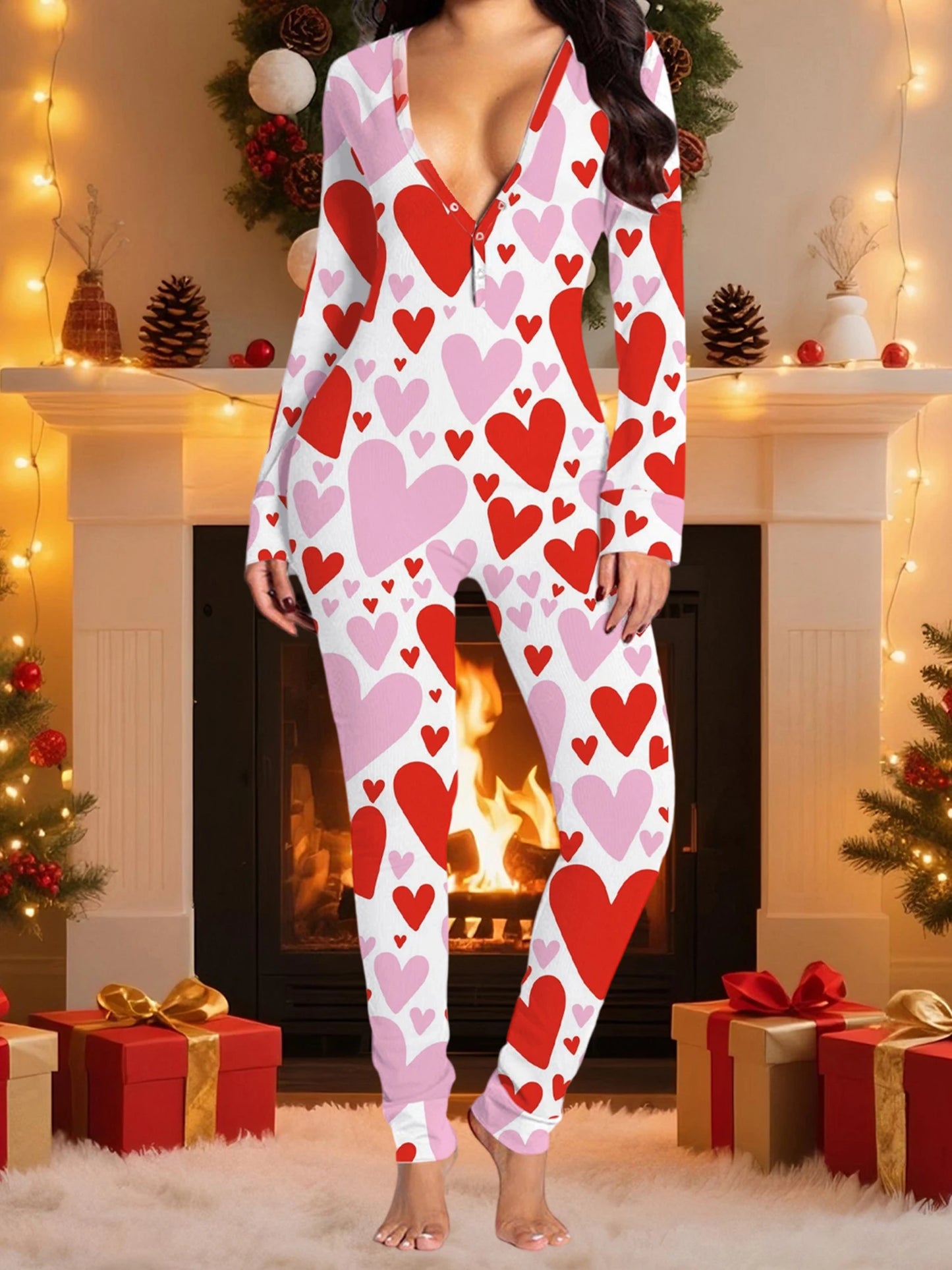 Christmas Women's Jumpsuit Pajamas Long Sleeve V Neck Themed Print Bodysuit Sleepwear with Drop Seat Butt Flap
