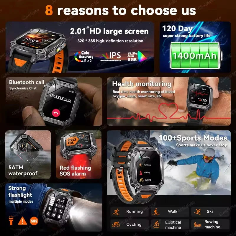 2026 New Outdoor GPS Smart Watch 1400mAh High Capacity Battery 2.01" Sapphire Screen 10ATM Waterproof Dual-color Lamp Smartwatch