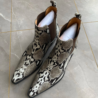High Top Handmade Pionted Toe Genuine Leather Python Pattern Slip On Cheslea Boots