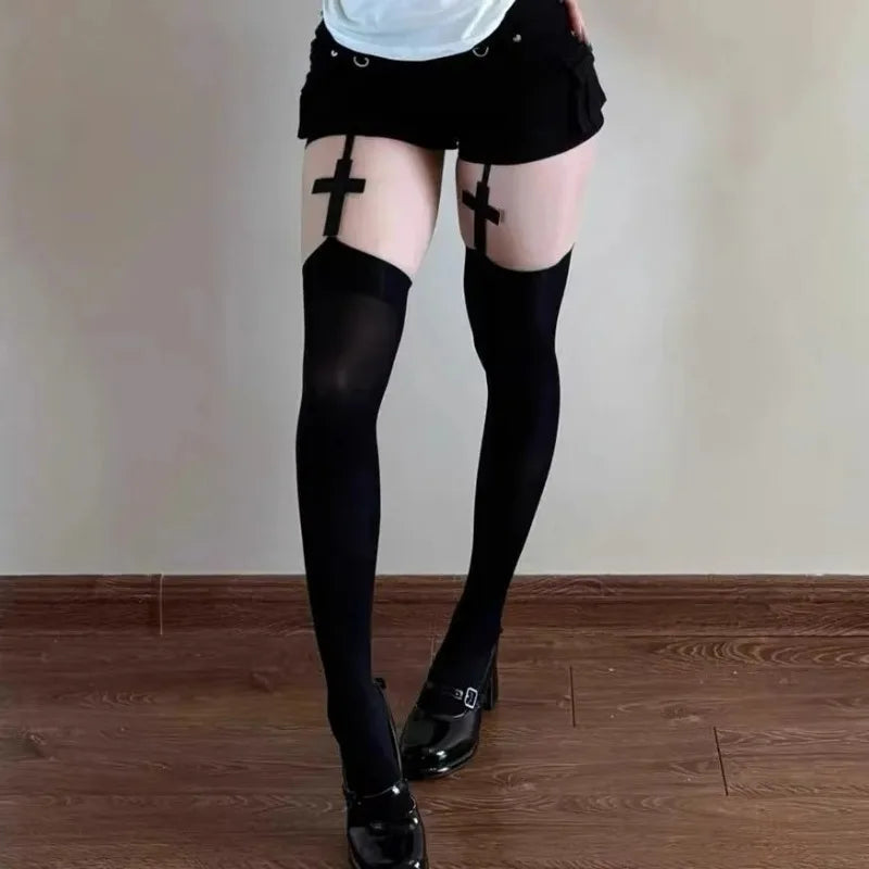 2026 Women Suspender Wide-banded Velvet Tights Lolita Thigh High Stockings with Cross Y2K JK Cosplay Over The Knee Sockings