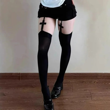 2026 Women Suspender Wide-banded Velvet Tights Lolita Thigh High Stockings with Cross Y2K JK Cosplay Over The Knee Sockings